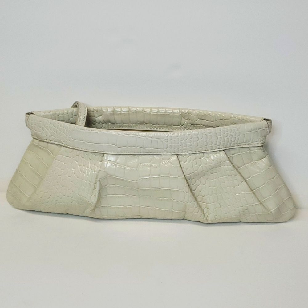 Alfani Genuine Leather Pleated Wristlet Purse Off White Croc-embossed 15" x 6"